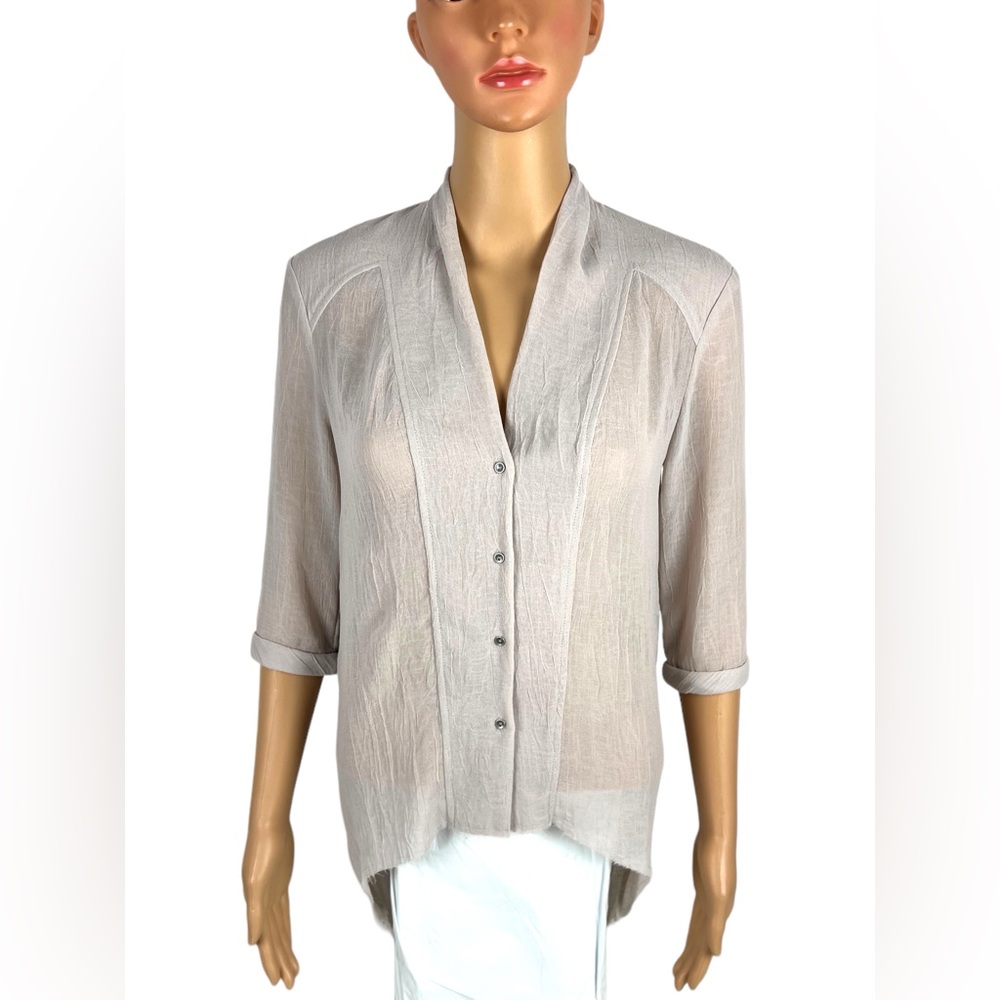 Helmut Lang Womens P Top Cream Tan Panel Blouse 3/4 Cuffed Sleeves Button EUC - Picture 2 of 8